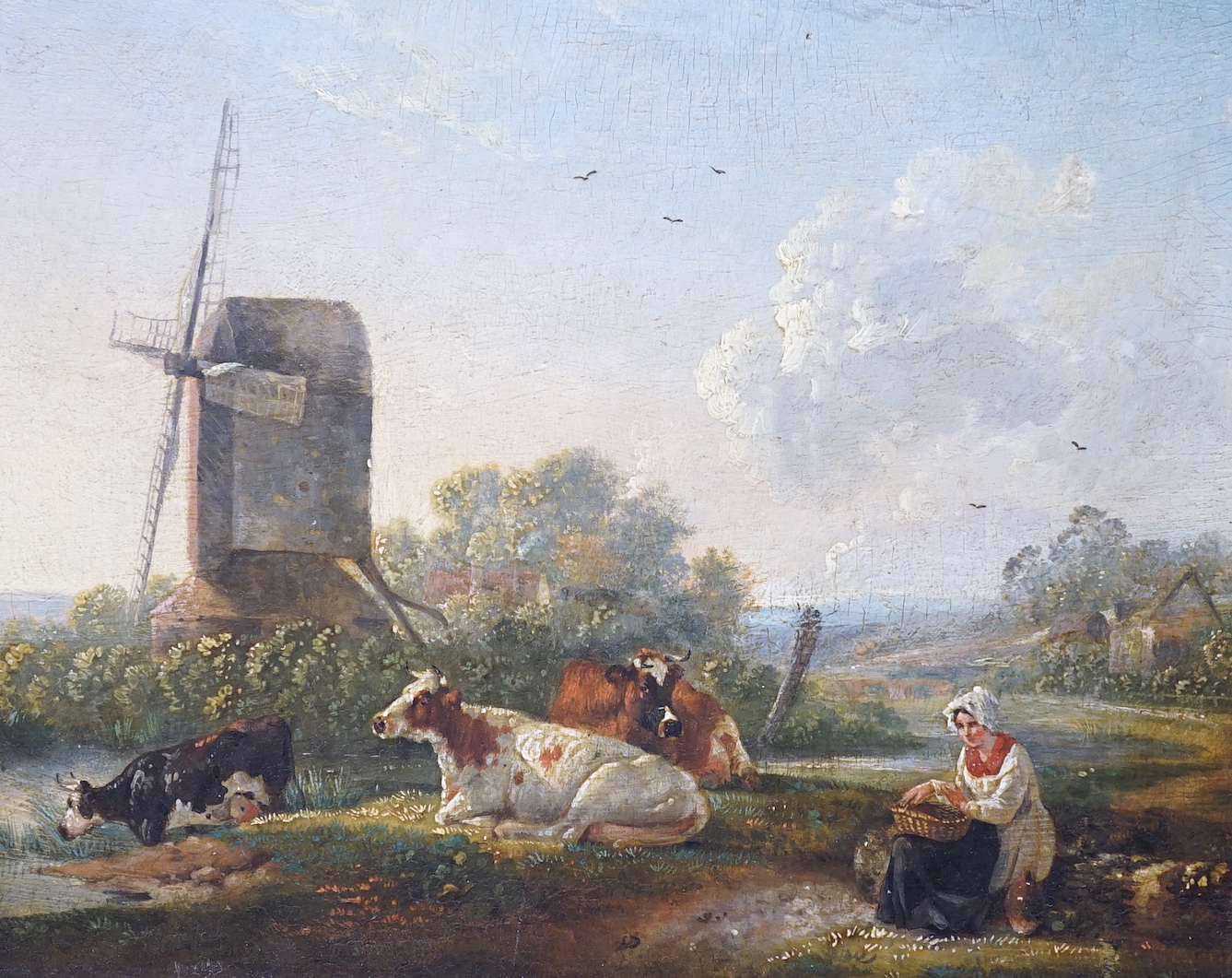 19th century English School, oil on wooden panel, Woman and cattle beside a windmill in a landscape, 27 x 31cm